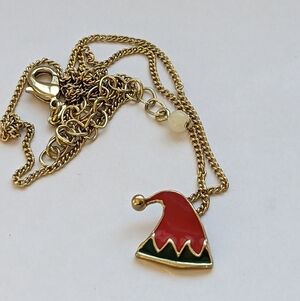 Avon Elf Necklace red green hat, goldtone chain signed GV9, 8.5"